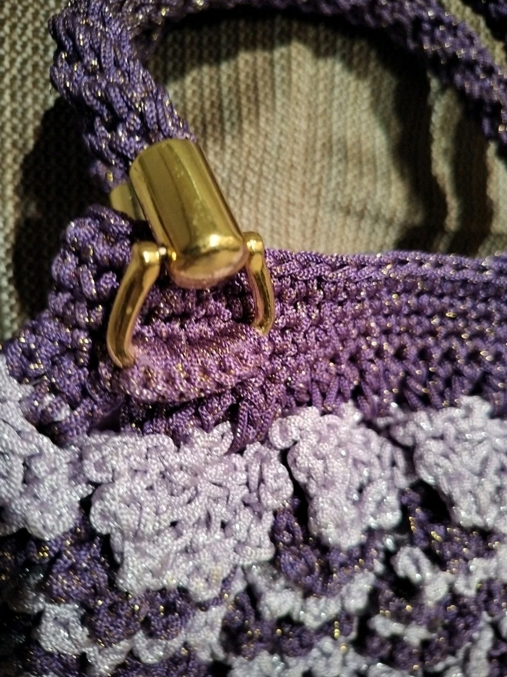 Handcrafted Purple Ruffled Crochet Handbag Gold Threading & Hardware - Picture 3 of 8